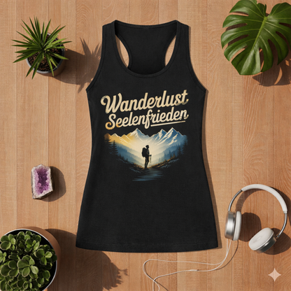 Schwarzes Women Tank Top mit Wanderlust Seelenfrieden Design auf Holz Hintergrund im Bright Lights Arts Lifestyle Mockup mit Pflanzen und Kopfhörern