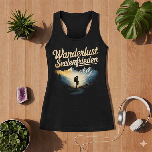 Schwarzes Women Tank Top mit Wanderlust Seelenfrieden Design auf Holz Hintergrund im Bright Lights Arts Lifestyle Mockup mit Pflanzen und Kopfhörern