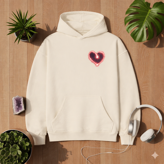 White oversized hoodie with small glowing heart chest print on left side, laid flat on wooden background with plants and headphones, lifestyle mockup by Bright Lights Arts