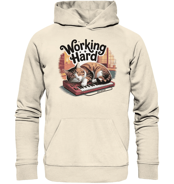 Working Hard – Schlafender Kater auf Tastatur - Organic Hoodie - Bright Lights Arts