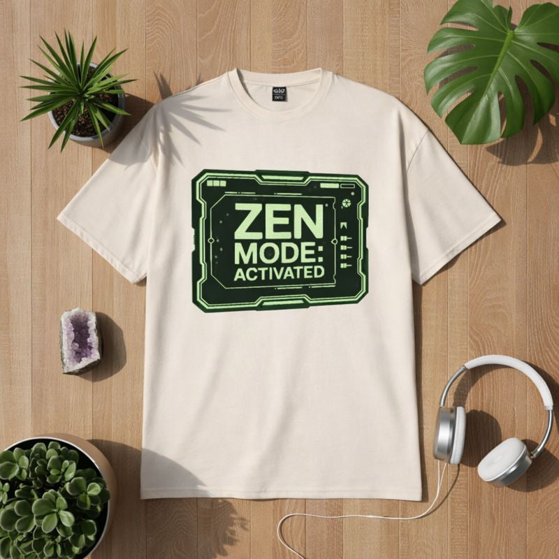 Premium T-Shirt „Zen Mode: Activated“ mit futuristischem Digital-Panel-Design, modernes Achtsamkeits- und Digital-Detox-Statement auf hellem Shirt